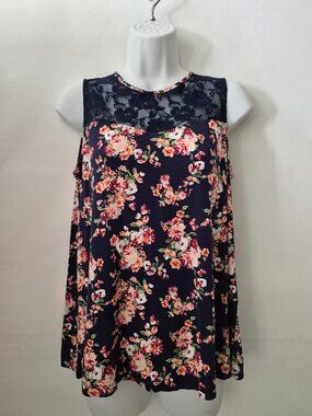 Shiela Rose Womens L Sleeveless Navy Blue Floral Lace Tank Top Pullover Blouse